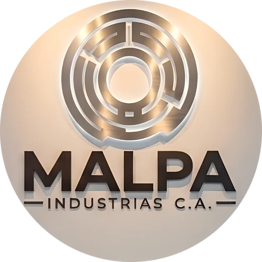 Logo de Malpa Industrias iluminado en la pared de la sede